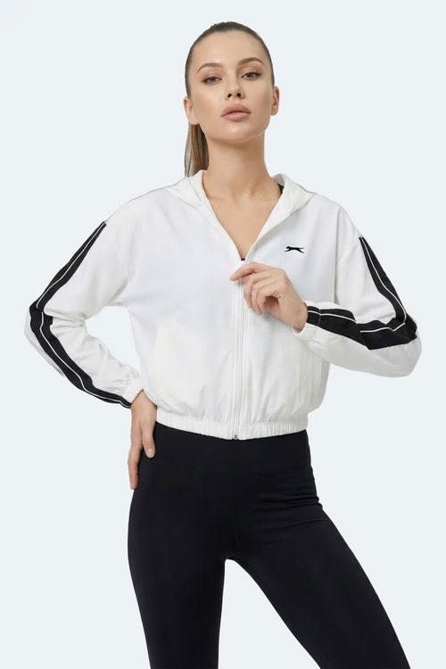 Slazenger RAZZLE Kadın Fermuarlı Kapüşonlu Cepli Ekru Sweatshırt