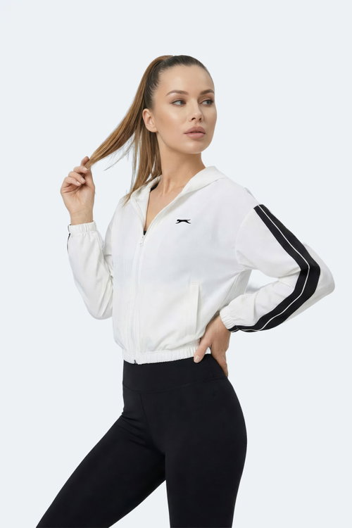 Slazenger RAZZLE Kadın Fermuarlı Kapüşonlu Cepli Ekru Sweatshırt