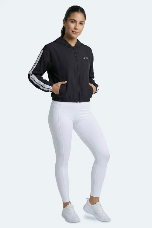 Slazenger RAZZLE Kadın Fermuarlı Kapüşonlu Cepli Siyah Sweatshırt