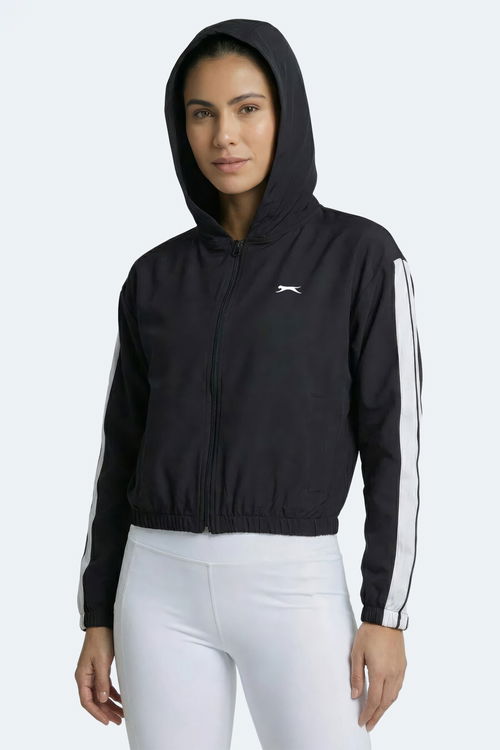 Slazenger RAZZLE Kadın Fermuarlı Kapüşonlu Cepli Siyah Sweatshırt