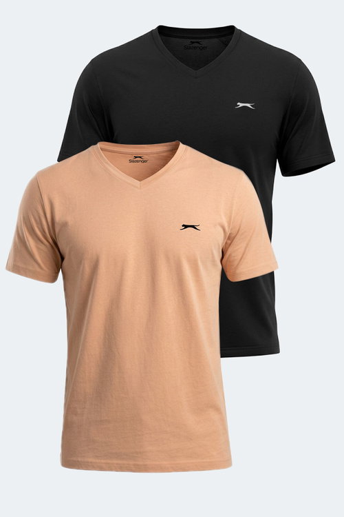 Slazenger RIVALDO 2 Lİ SET Erkek V Yaka Vizon - Siyah Tişört