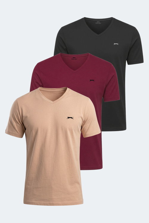 Slazenger RIVALDO 3 lü Set Erkek V Yaka Siyah - Vizon - Bordo Tişört