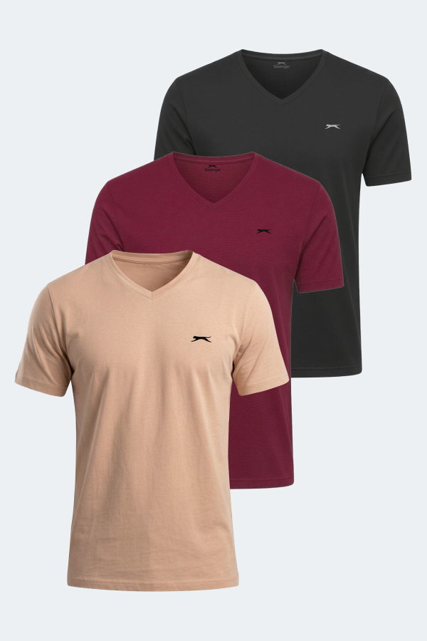 Slazenger RIVALDO 3 lü Set Erkek V Yaka Siyah - Vizon - Bordo Tişört