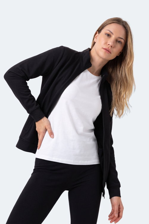 Slazenger RIVORA Kadın Dik Yaka Fermuarlı Siyah Sweatshırt