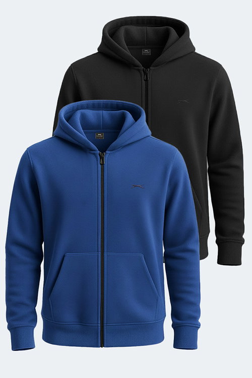Slazenger SAMSON 2 li set Erkek Fermuarlı Kapüşonlu Cepli Siyah - İndigo Sweatshırt