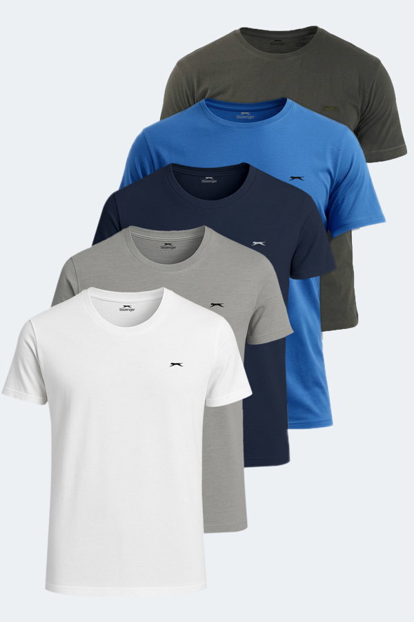Slazenger SANDER KTN 5 li Set Erkek Beyaz - Siyah - Gri - Haki - Saks Mavi Tişört