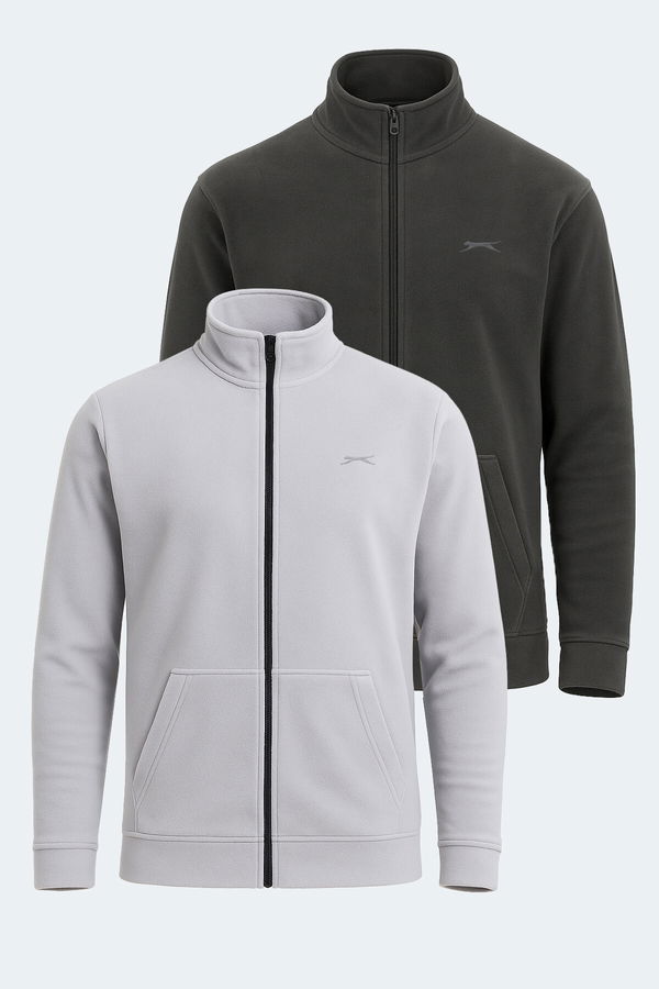 Slazenger SANSA 2 Lİ SET Erkek Fermuarlı Dik Yaka Cepli Gri - Koyu Gri Polar