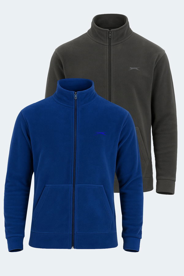 Slazenger SANSA 2 Lİ SET Erkek Fermuarlı Dik Yaka Cepli İndigo - Koyu Gri Polar