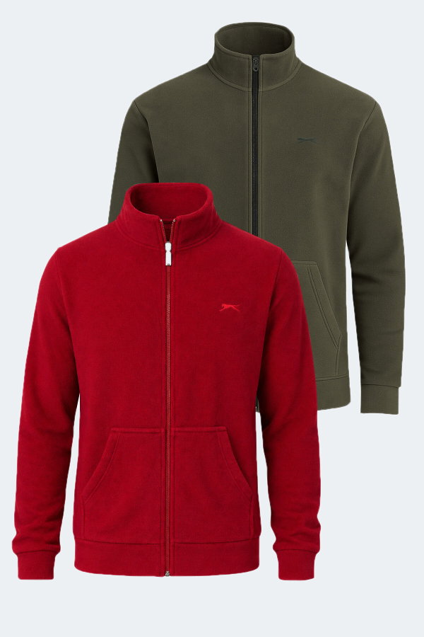 Slazenger SANSA 2 Lİ SET Erkek Fermuarlı Dik Yaka Cepli Kırmızı - Haki Polar