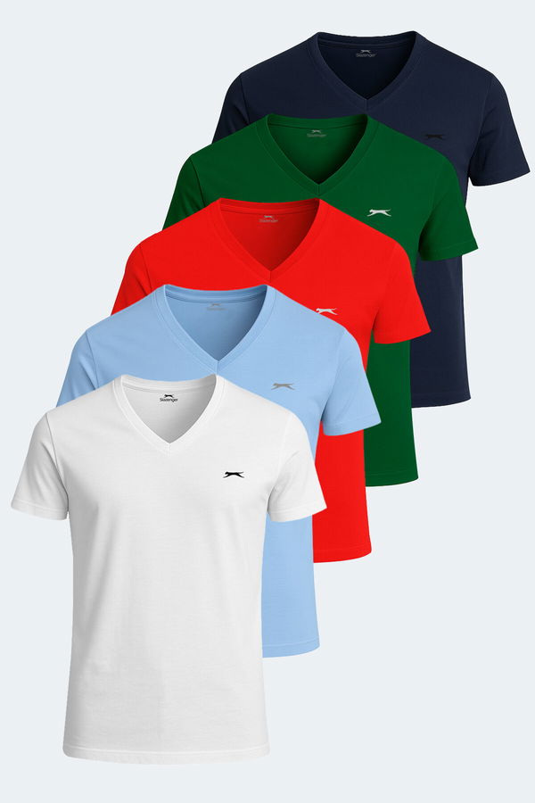 Slazenger SARGON 5 li Set Erkek Beyaz - Lacivert - Kırmızı - Mavi - Koyu Yeşil Tişört