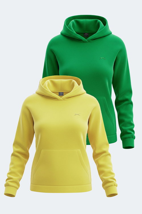 Slazenger SASSA 2 li set Kadın Kapüşonlu Cepli Sarı - Yeşil Sweatshırt
