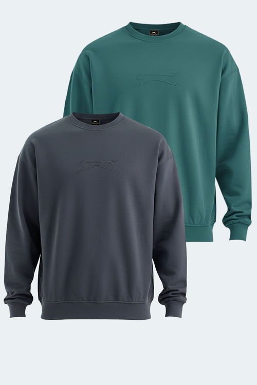 Slazenger VADIK 2li set Erkek Oversıze Koyu Gri - Yeşil Sweatshırt