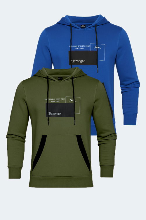 Slazenger VANDA 2 li set Erkek Kanguru Cepli Kapüşonlu Haki - Mavi Sweatshırt
