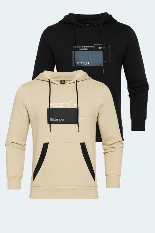 Slazenger VANDA 2 li set Erkek Kanguru Cepli Kapüşonlu Siyah - Bej Sweatshırt