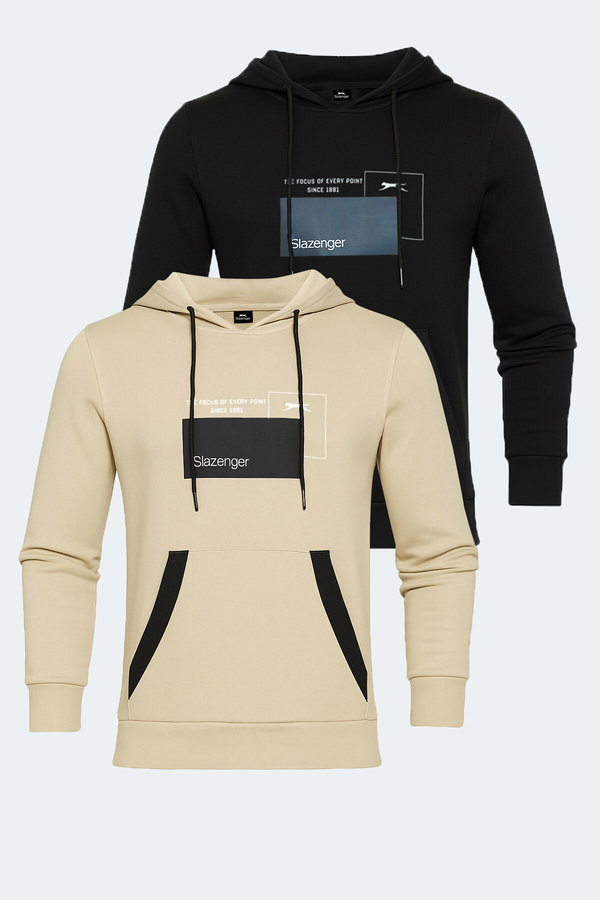 Slazenger VANDA 2 li set Erkek Kanguru Cepli Kapüşonlu Siyah - Bej Sweatshırt
