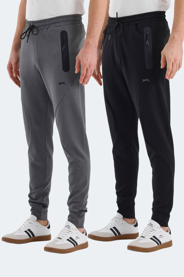 Slazenger VARUNA 2 Lİ SET Erkek Fermuar Cepli Slim Fit Siyah - Koyu Gri Eşofman Altı
