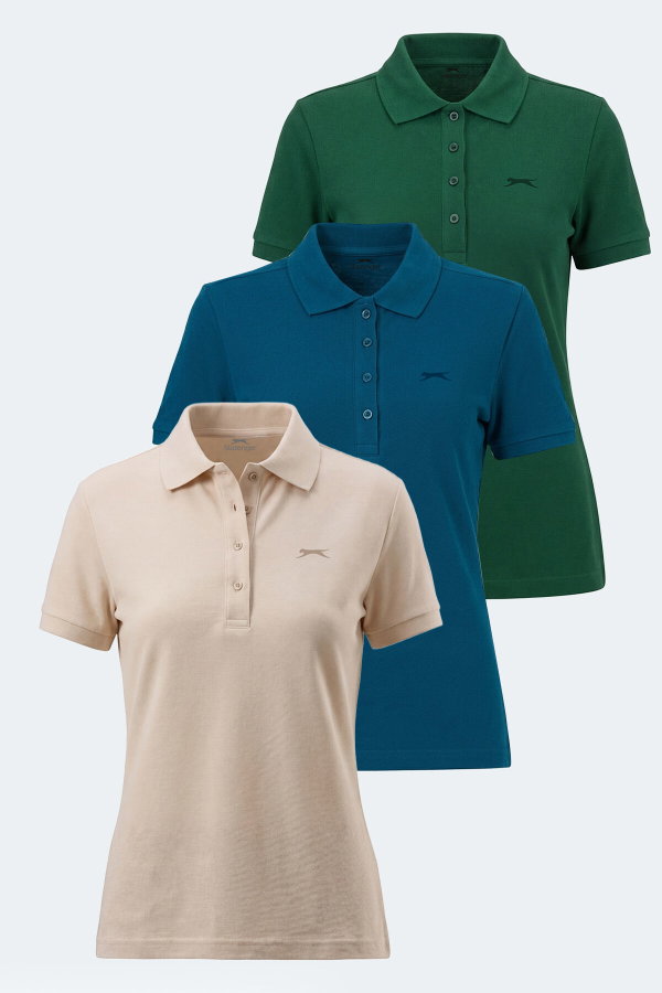 Slazenger VERA 3 LÜ SET Kadın Polo Yaka Krem - Yeşil - Petrol Tişört