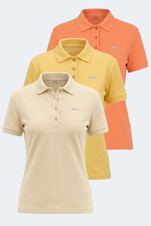 Slazenger VERA 3 LÜ SET Kadın Polo Yaka Bej - Turuncu - Sarı Tişört