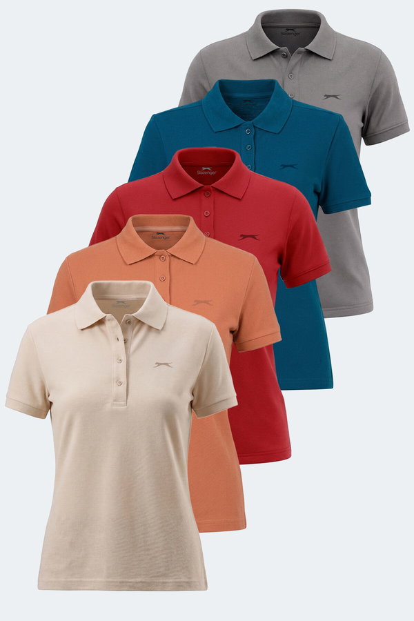 Slazenger VERA 5 Lİ SET Kadın Polo Yaka Krem - Koyu Gri - Kırmızı - Kiremit - Petrol Tişört