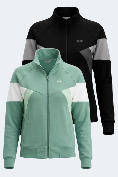 Slazenger VICTORY 2 li set Kadın Fermuarlı Dik Yaka Cepli Yeşil - Siyah Sweatshırt
