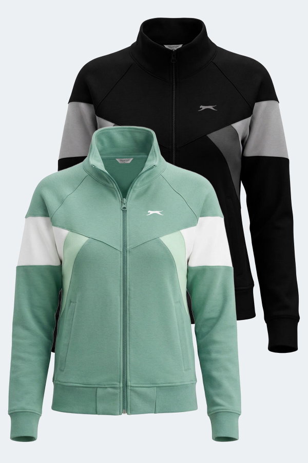 Slazenger VICTORY 2 li set Kadın Fermuarlı Dik Yaka Cepli Yeşil - Siyah Sweatshırt
