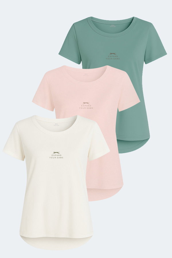 Slazenger VIRAJ 3 lü Set Kadın Ekru - Su Yeşili - Fuşya Tişört