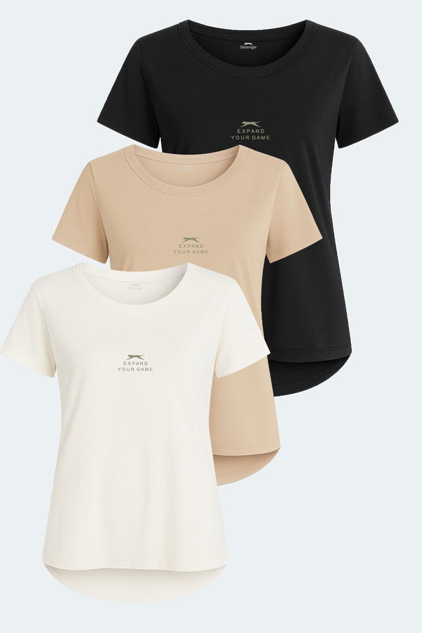 Slazenger VIRAJ 3lü Set Kadın Tişört Ekru - Siyah - Bej
