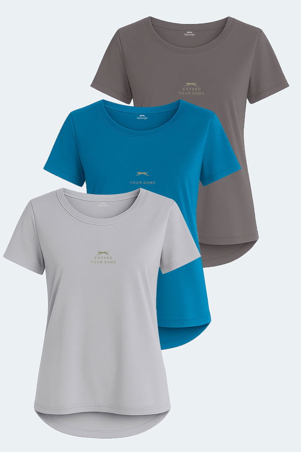 Slazenger VIRAJ 3lü Set Kadın Tişört Taş Gri - Petrol - Koyu Gri