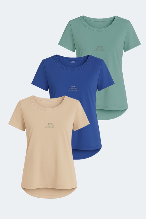 Slazenger VIRAJ 3 lü Set Kadın Bej - Saks Mavi- Su Yeşili Tişört