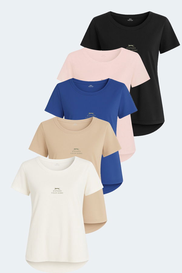 Slazenger VIRAJ 5li Set Kadın Tişört Ekru - Siyah - Bej - Fuşya - Saks Mavi
