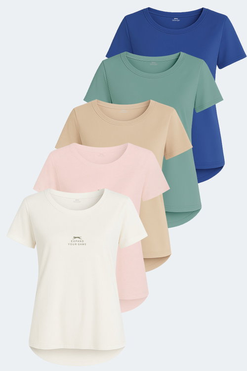 Slazenger VIRAJ 5 li Set Kadın Ekru - Siyah - Bej - Fuşya - Saks Mavi Tişört