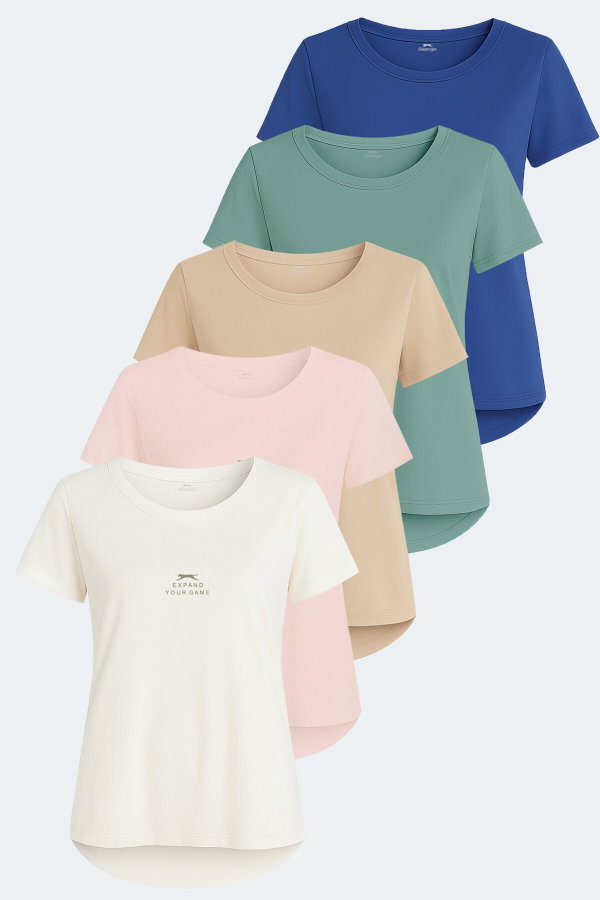 Slazenger VIRAJ 5 li Set Kadın Ekru - Siyah - Bej - Fuşya - Saks Mavi Tişört