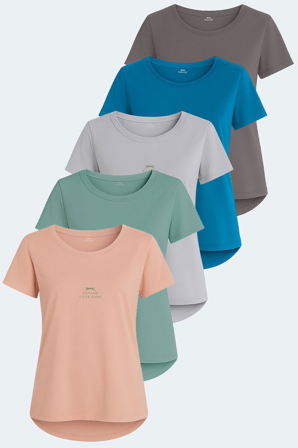 Slazenger VIRAJ 5li Set Kadın Tişört Taş Gri - Petrol - Koyu Gri - Somon - Su Yeşili