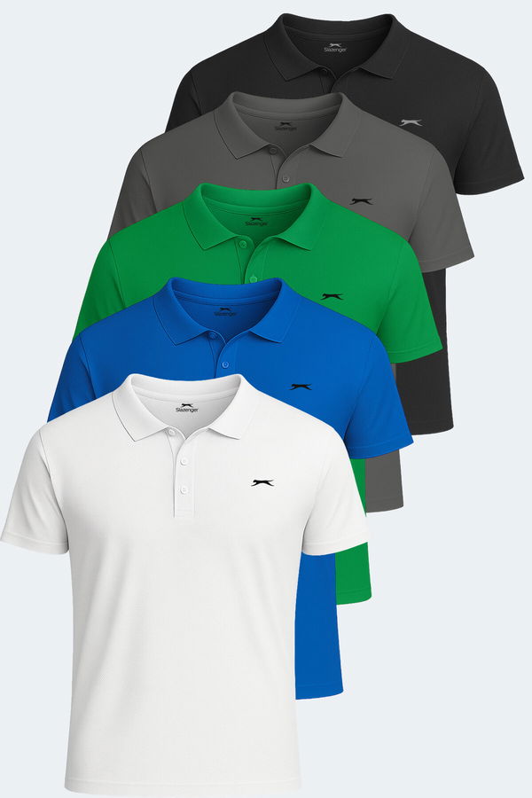 Slazenger SLOAN 5 li Set Erkek Beyaz - Siyah - Koyu Gri - Saks Mavi - Yeşil Tişört