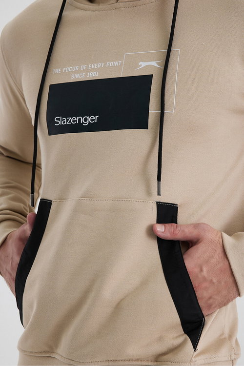 Slazenger VANDA Erkek Kanguru Cepli Kapüşonlu Bej Sweatshırt