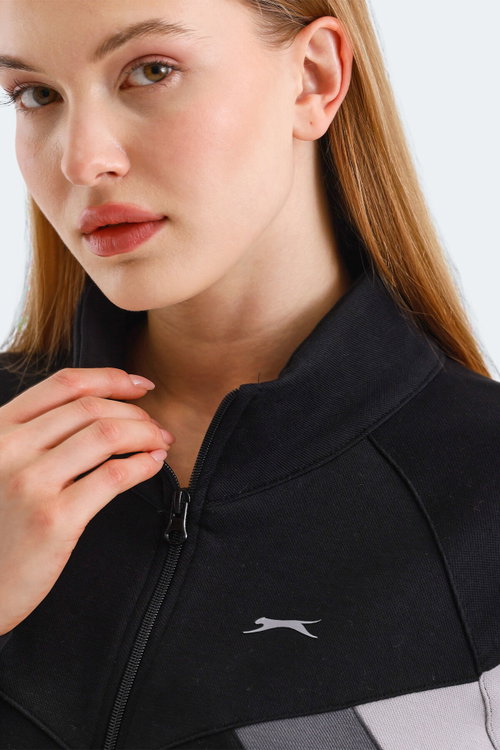 Slazenger VICTORY IN Kadın Fermuarlı Dik Yaka Cepli Siyah Sweatshırt