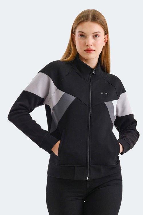 Slazenger VICTORY IN Kadın Fermuarlı Dik Yaka Cepli Siyah Sweatshırt